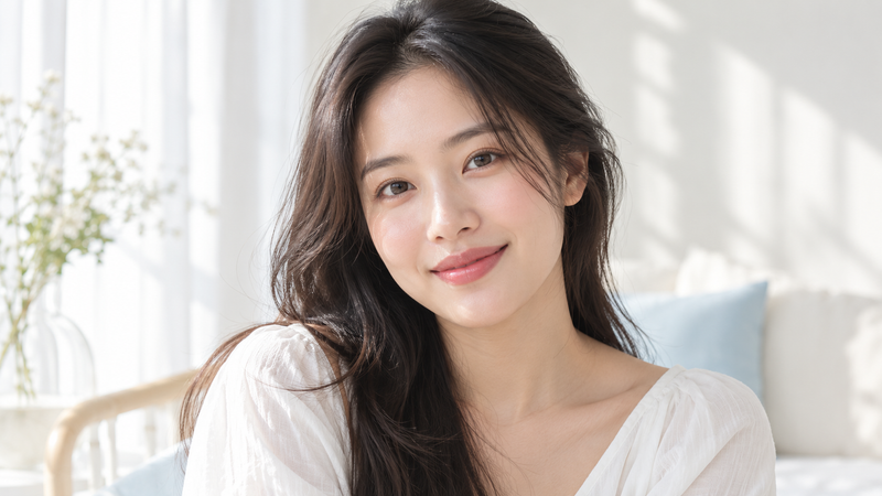 Người phụ nữ với làn da tự nhiên trong không gian sáng dịu